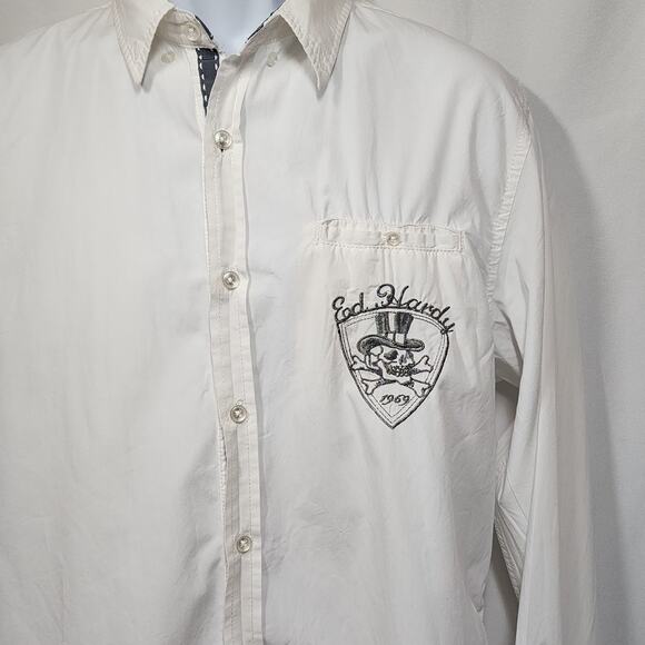 Ed Hardy Long Sleeve White Button-Up Large Skull On Pocket - Picture 2 of 11